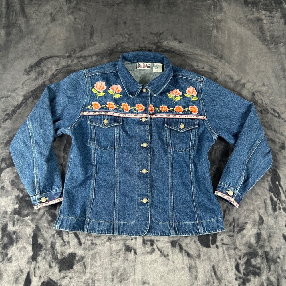 Bill Blass Jeans Denim Jacket Womens Large Blue Floral Embroidered Rose Trim